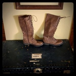 Light brown lace up faux leather fall knee boots